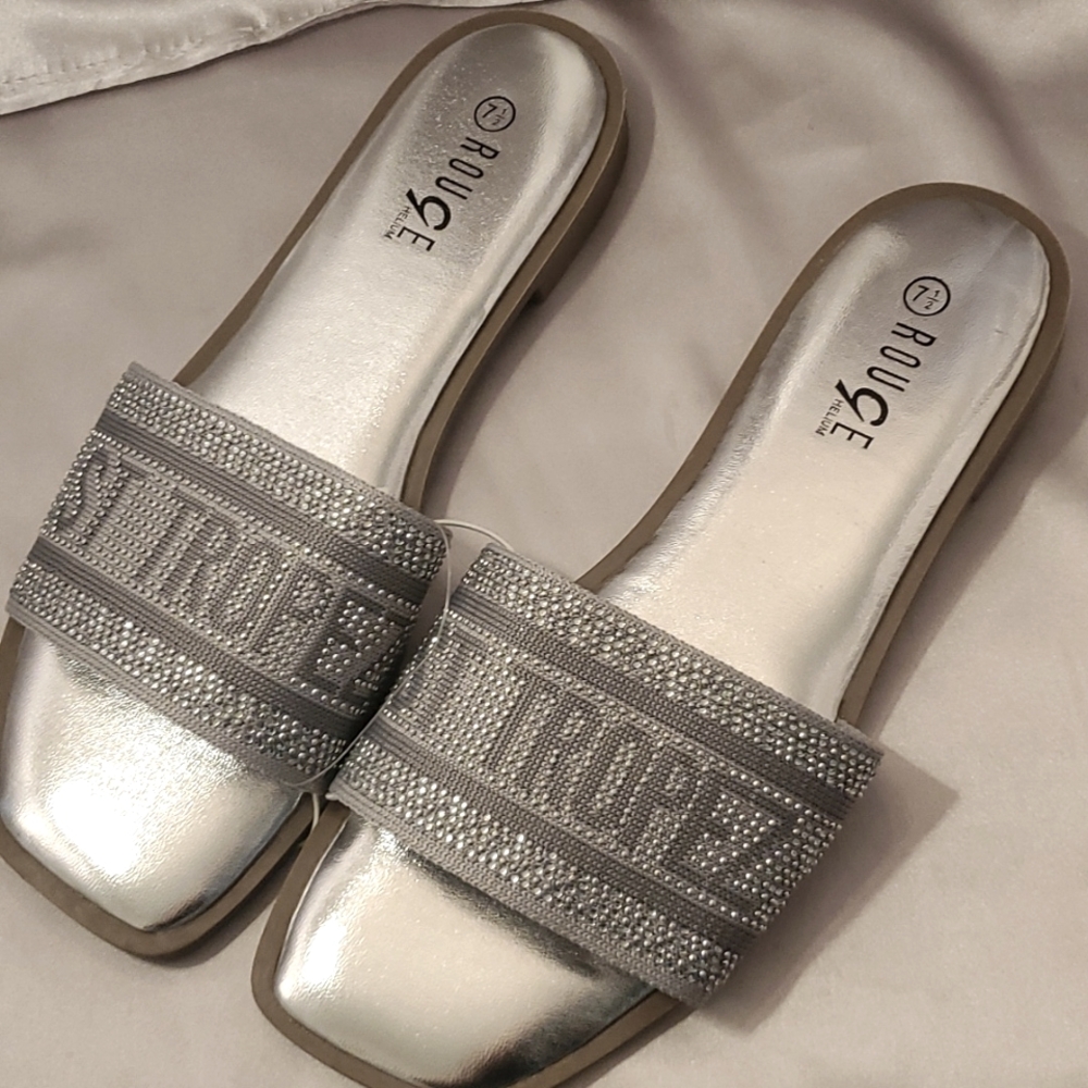 SILVER RHINESTONES ROUGE HELIUM ST TROPEZ LOGO SLIDES